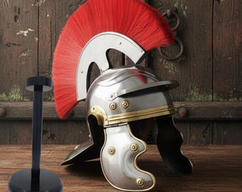 Roman Centurion Helmet with Red Plume & Wooden Stand Free