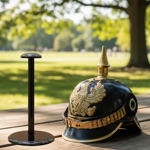 German Pickelhaube black Officer Helmet Free Wooded Stand ,