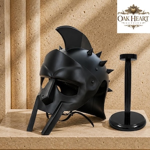 Black Spartan Helmet – Handmade Steel Gladiator Warrior Helm with Free Wooden Stand