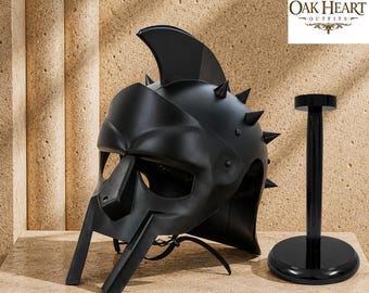 Black Spartan Helmet – Handmade Steel Gladiator Warrior Helm with Free Wooden Stand