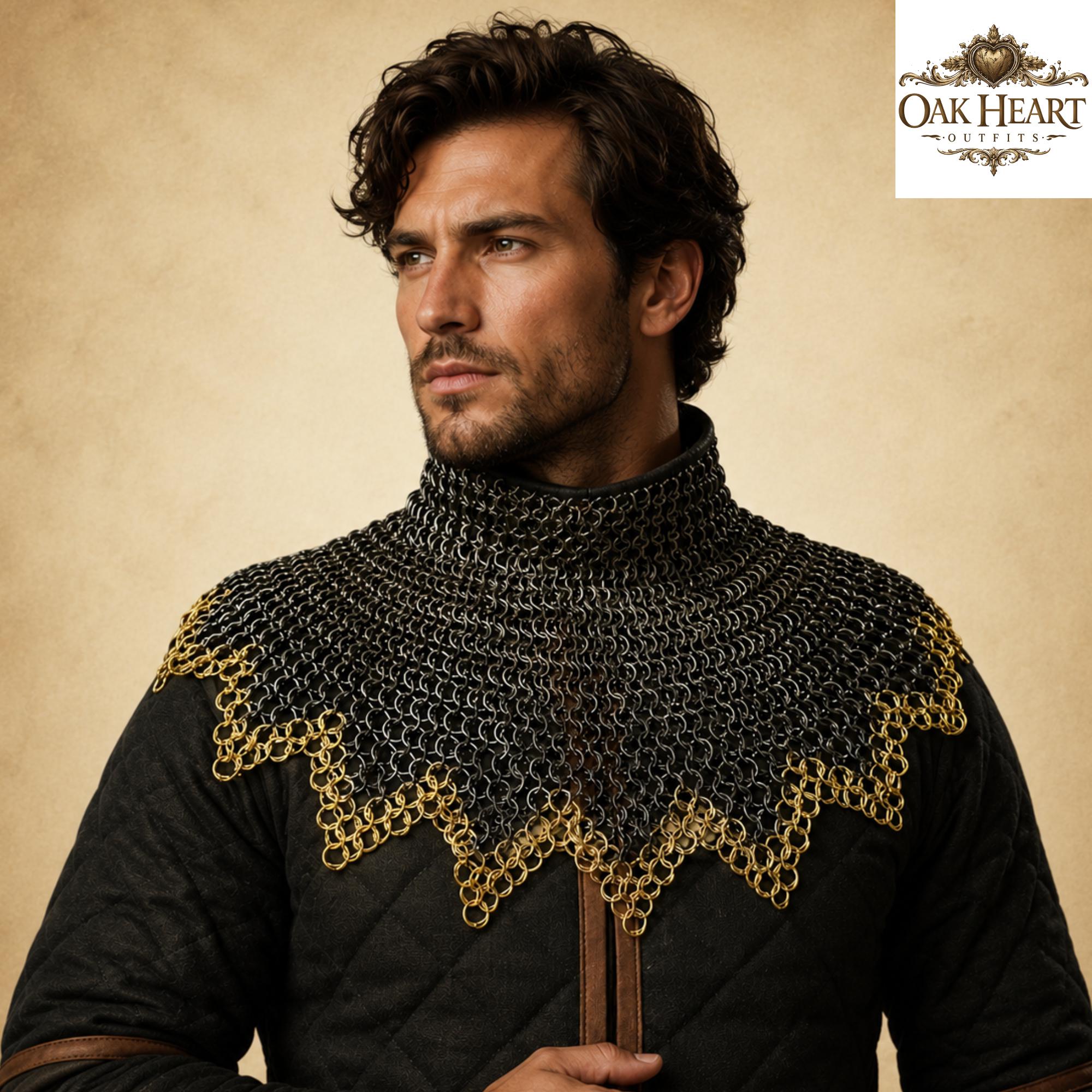 Chainmail Collar 9mm Riveted Dome Rings, Brass Zig Zag Edge, Medieval Chainmail
