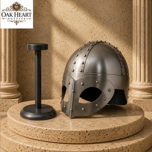 Medieval Viking Helmet – Norse Spectacle Steel Armor with Wooden Stand