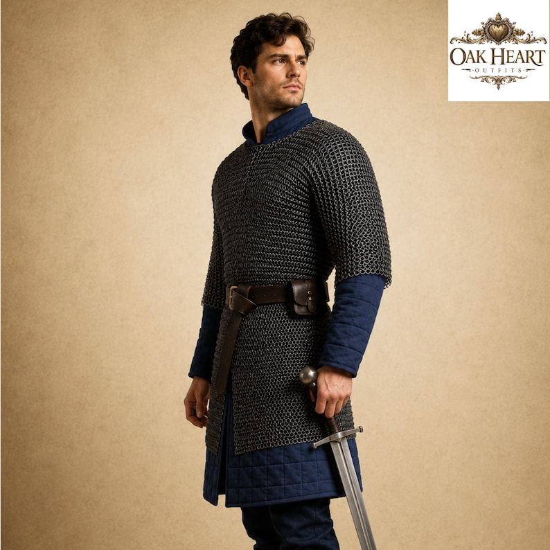 May include: A medieval-style chainmail shirt with a blue quilted undergarment and a brown leather belt. The outfit includes blue sleeves and a long, silver sword. The Oak Heart Outfits logo is in the upper right corner.