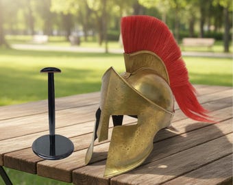 Spartan Helmet with Red Plume – King Leonidas Cosplay Armor, Free Wooden Stand