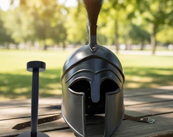 Greek Corinthian Helmet Replica | Medieval Armor with Wooden Stand