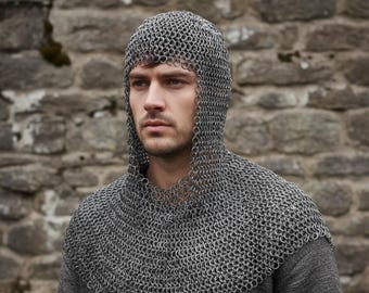Medieval Chainmail Coif : 9MM Riveted Mild Steel Armor Hood