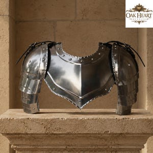 May include: A polished steel breastplate and pauldrons set featuring a central ridge, riveted edges, and black leather straps with metal buckles at the shoulders. The armor displays a reflective metallic finish and a structured, segmented design.