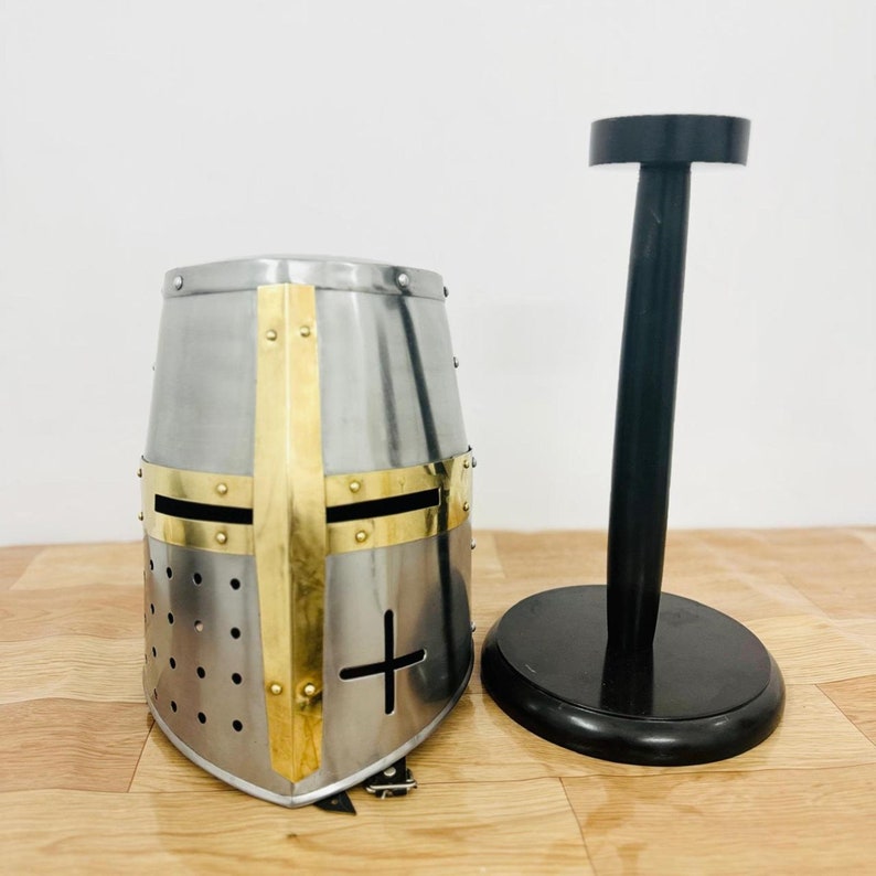 Medieval Templar Helmet With Free Wooden Stand image 3