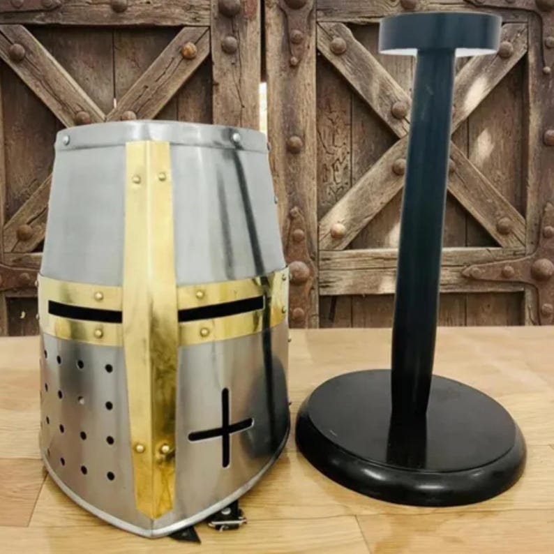 Medieval Templar Helmet With Free Wooden Stand image 1