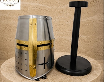 Steel Templar Helmet with Brass Cross | Wearable Crusader Helm