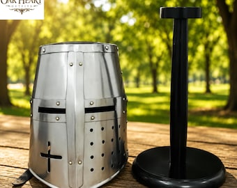 Medieval Knight Helmet with Wooden Display Stand Silver Armor