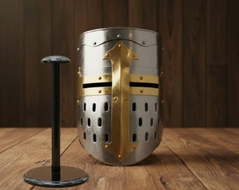 Templar Knight Helmet with Free Wooden Stand – Medieval Armor