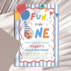 Fun to Be One Birthday Invitation Template Editable First Birthday Boy Blue Invite Photo Birthday Canva Invite Printable and Digital