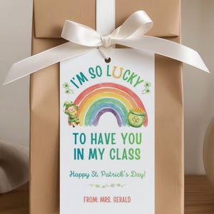Utskrivbara presentetiketter för St Patricks dag | Jag har sån tur att ha dig i min klass | Redigerbar akvarellregnbåge på canvas från lärare till elev-etikett
