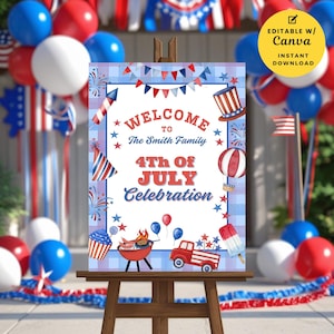 Editable 4th of July Welcome Sign BBQ Picnic Independence Day Party Sign Printable Patriotic Red Blue White Independence Day Decor Canva PDF