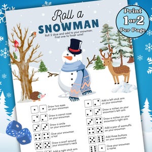 Roll A Snowman Game Printable Winter Activity for Family Kids Adults & Classrooms, A4 US Letter Fun Build A Snowman Party Winter Dice Game