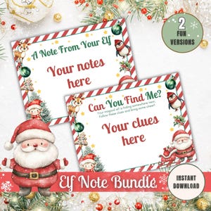 Paquete imprimible de notas editables de elfos y tarjetas de pistas para el escondite. Mensajes y pistas de elfos navideños personalizables de Canva. Accesorios para cartas de llegada de elfos.