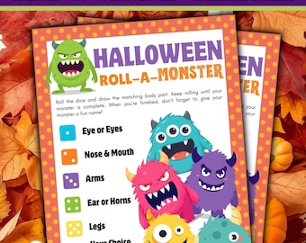 May include: Halloween Roll-A-Monster game printable. The game features colorful monster illustrations and instructions. The text includes "US LETTER - A4 - 1 OR 2 PER PAGE - 10 MONSTER OUTLINES" and game instructions. The background includes autumn leaves and small pumpkins.