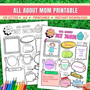 Questionário para impressão do Dia das Mães - Tudo sobre mamãe e avó - Atividade para crianças - Presente - Lembrança - Carta dos EUA A4 - PDF - Download instantâneo - Página para colorir