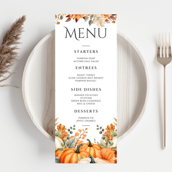 Editable Thanksgiving Menu Template Printable Custom Autumn Fall Friendsgiving Dinner Menu Card, Canva Template for Easy Holiday Hosting