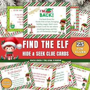 Cartões de dicas de Natal para impressão "Encontre o Elfo" 25 dicas festivas de esconde-esconde + Pista de despedida de chegada, diversão para o feriado, carta dos EUA A4 PDF, carta de chegada