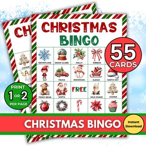 Printable Christmas Bingo Game 55 Cards - Fun Holiday Game for Kids - Family Christmas Party Game for Adults & Kids -Xmas Classroom Activity