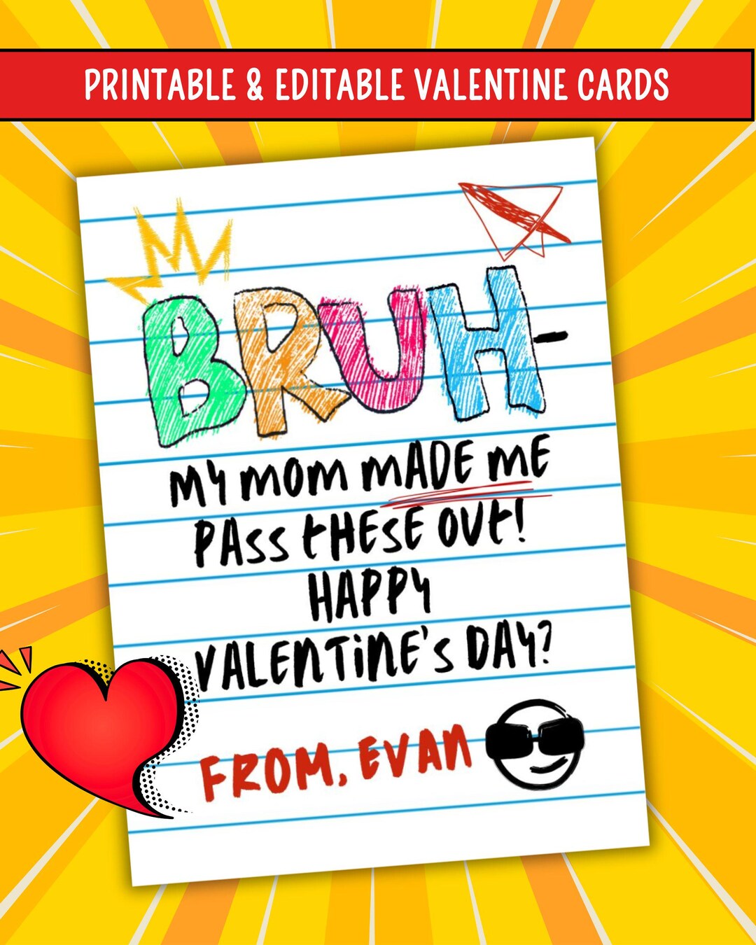 Funny BRUH Valentine Cards for Boys | Printable PDF & Canva Editable ...