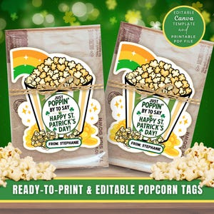 Etiquetas de pipoca para impressão do Dia de São Patrício Just Poppin' By-PDF e modelo editável do Canva Carta dos EUA A4 para guloseimas de sala de aula Etiqueta de presente para lembrancinhas de festa