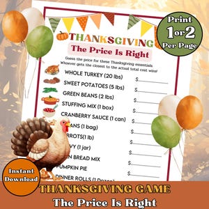 Könnte beinhalten: Thanksgiving-Spiel mit einer Truthahn-Illustration und Luftballons. Das Spiel trägt den Titel "The Price is Right" und listet Thanksgiving-Essentials wie Truthahn, Süßkartoffeln und Preiselbeersauce auf. Sofortiger Download.