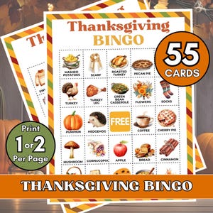 Juego de bingo de Acción de Gracias imprimible, 55 tarjetas de bingo, divertido juego de Acción de Gracias para niños, familia, adultos, juego de fiesta de Acción de Gracias, actividad de otoño en el aula.