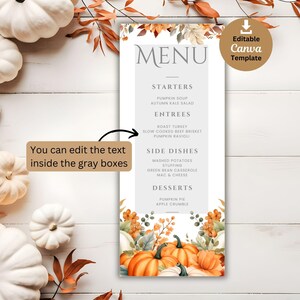 Editable Thanksgiving Party Menu Template, Customizable & Printable Autumn Friendsgiving Dinner Menu Canva Template for Easy Holiday Hosting
