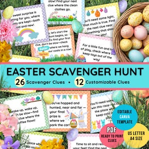 Pistas de búsqueda del tesoro de Pascua para niños: Juego de búsqueda del tesoro de Pascua imprimible, 12 pistas divertidas + 12 pistas personalizables, actividades de Pascua para niños en PDF
