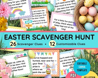 Pistas de búsqueda del tesoro de Pascua para niños: Juego de búsqueda del tesoro de Pascua imprimible, 12 pistas divertidas + 12 pistas personalizables, actividades de Pascua para niños en PDF