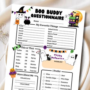 BOO Buddy Questionnaire Printable Halloween Coworker Family Staff Appreciation Activity Halloween Party Game Favorite Things Gift Exchange