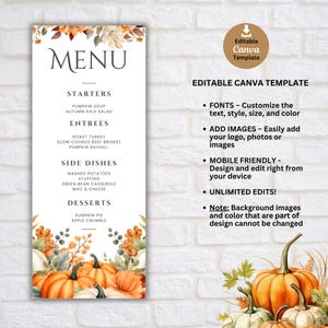 Editable Thanksgiving Party Menu Template, Customizable & Printable Autumn Friendsgiving Dinner Menu Canva Template for Easy Holiday Hosting