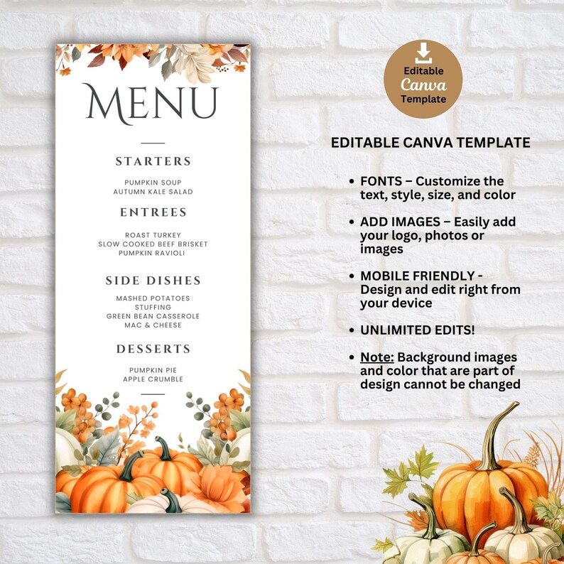 Editable Thanksgiving Party Menu Template, Customizable & Printable Autumn Friendsgiving Dinner Menu Canva Template for Easy Holiday Hosting