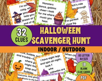 May include: A Halloween scavenger hunt set with 32 clues, featuring colourful cards with riddles and illustrations. Includes blank cards and a PDF for printing. The cards are US Letter and A4 size.