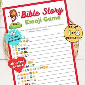 Juego de emojis con historias bíblicas para imprimir Juego cristiano divertido para la escuela dominical Campamento bíblico de la iglesia Navidad Día de San Valentín Pascua Acción de gracias PDF