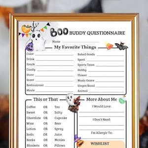 BOO Buddy Questionnaire Printable Halloween Coworker Family Staff Appreciation Activity Halloween Party Game Favorite Things Gift Exchange