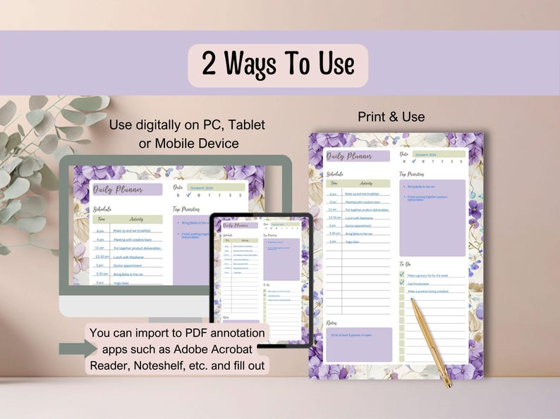 Printable Floral Planner Bundle – Digital Daily Weekly Monthly Purple ...