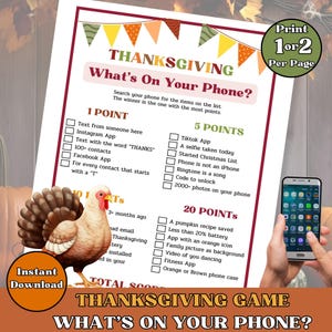 Könnte beinhalten: Ausdruckbares Thanksgiving-Spiel mit dem Titel "What's On Your Phone?" mit einer Truthahn-Illustration und einem Smartphone. Das Spiel beinhaltet punktbasierte Herausforderungen und die Option "1 oder 2 pro Seite drucken".