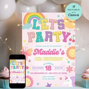 May include: A pink birthday invitation featuring a rainbow, sun, stars, flowers, and a unicorn. The text reads "Let's Party" and "Maddie's 8th Birthday". The invitation includes the date, time, and RSVP details.