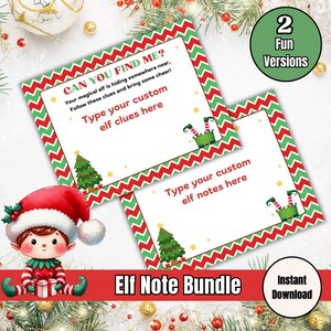 Notas de elfo editáveis e cartões de dicas de esconde-esconde, pacote para impressão, mensagens e dicas de elfo de Natal personalizáveis, acessórios para cartas de chegada de elfo