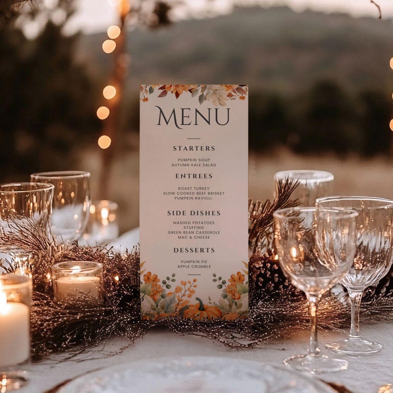 Editable Thanksgiving Party Menu Template, Customizable & Printable Autumn Friendsgiving Dinner Menu Canva Template for Easy Holiday Hosting