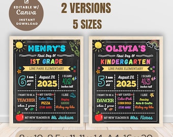 Editable First Day of School Sign Canva Template – Chalkboard Design Pink & Blue Printable Back to School Sign Photo Prop for Kids Reusable