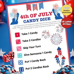 Juego de dados de caramelo del 4 de julio / Juego de fiesta imprimible rojo, blanco y azul / Actividad del 4 de julio para niños y adultos (tamaño carta de EE. UU. + PDF A4 de descarga instantánea)