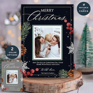 Bewerkbare digitale kerstfotokaart – 5 x 7 canvassjabloon, twee kleuropties zwart en grijs, aanpasbare afdrukbare kerstwenskaart
