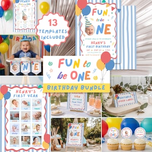 Pacchetto "Divertimento per il primo compleanno" per bambino: decorazioni colorate a righe blu per la festa del primo compleanno, foto personalizzabili e modificabili in Canva FTB06
