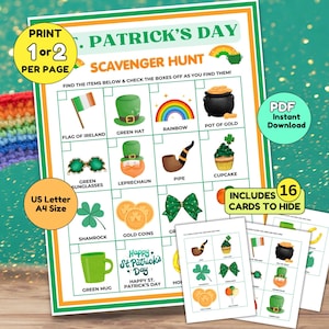 Juego de búsqueda del tesoro del día de San Patricio Actividad imprimible para interiores y exteriores con tarjetas ilustradas Diversión para niños Familias Aula Juego de San Patricio
