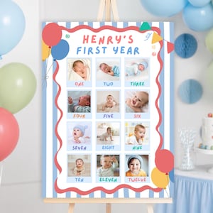 Puede incluir: Un cartel rectangular titulado Henry's First Year que presenta doce fotografías cuadradas de un bebé, cada una etiquetada con un mes del uno al doce. El cartel tiene un fondo de rayas azules y blancas con un borde ondulado rojo y globos de colores.